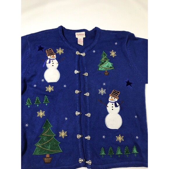 Vintage Crystal Kobe Heavy Knitted Christmas Snowmen Sweater Blue Size Medium - Picture 3 of 9